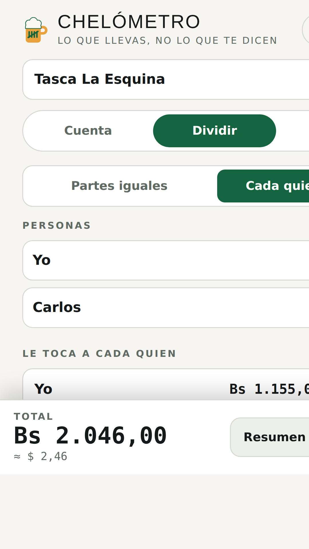 División de la cuenta entre varias personas